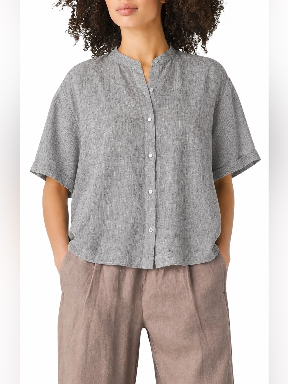 TAHARI 100% Linen Blue Gray Lagenlook Tunic Blouse Minimalist Oversized 📐M/L
